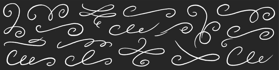 Chalk ornament flourish swirl calligraphy set. Hand drawn chalkboard divider, swirl curve, elegant banner and pencil frame menu. Flourish decoration, swoosh tail, vintage scroll. Vector illustration