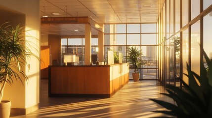 A modern bright office reception area under warm natural light