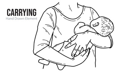 Mother holding baby hand drawing element, black ink, line art, editable