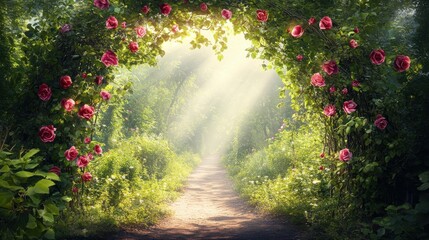 A path lined with rose bushes leads into a sunlit forest.