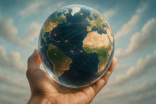 Human hand holds a glowing globe representing worldwide network against a cloudy sky background.