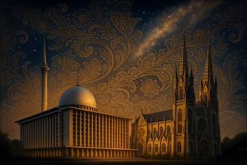 Istiqlal Mosque and Cathedral — standing side by side beneath a glowing galaxy adorned with Betawi batik patterns and cosmic gold. 