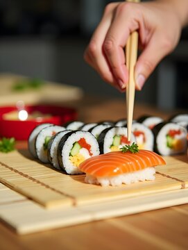Preparation of sushi rolls with fresh ingredients on a bamboo mat during a sunny kitchen session