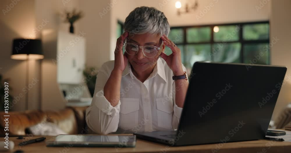Poster headache, laptop and tablet with remote work woman in home for evening burnout or problem solving. c