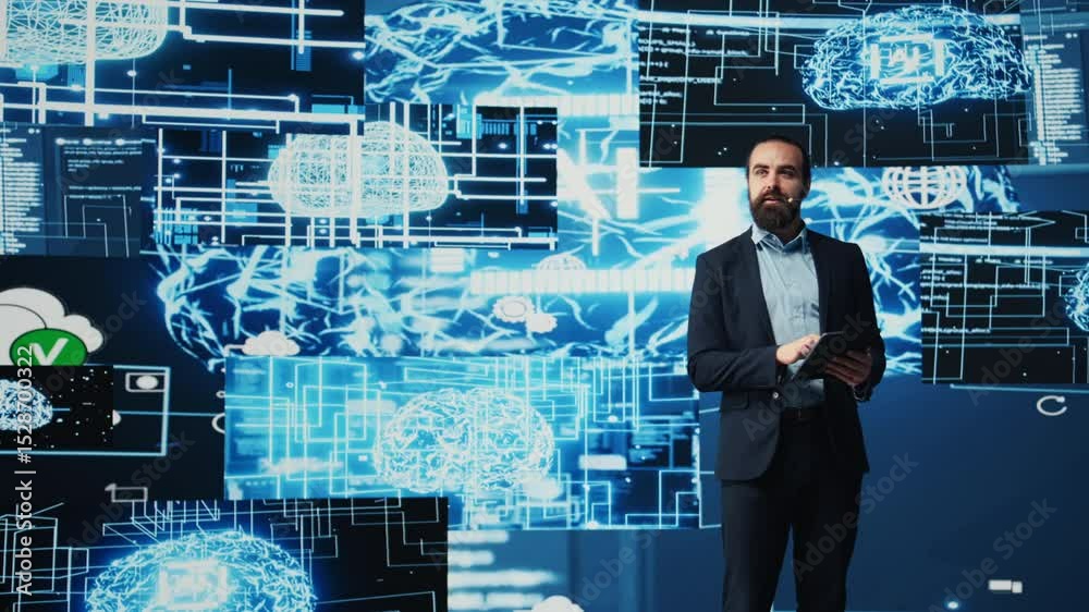 Poster it engineer hosting public speaking event to present new ai tech tools, showcasing neural networks b
