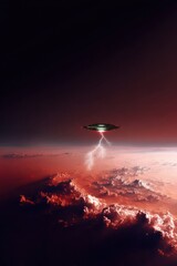 Alien spacecraft over a fiery planet