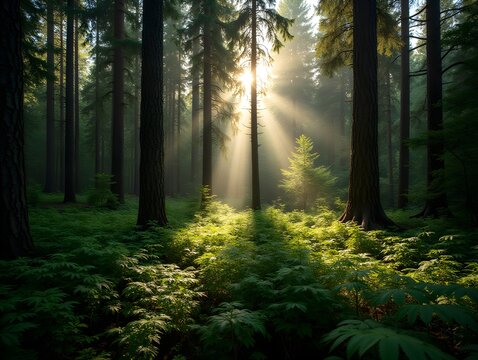 Tranquil Forest Scene with Sunlight Filtering Through Trees and Ferns
