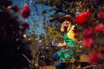 Happy Female Gardener in a Flower Garden Working. Lady finding peace and calm among flowers 
