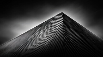 Abstract Black and White Pyramid with Striped Textures and Sky