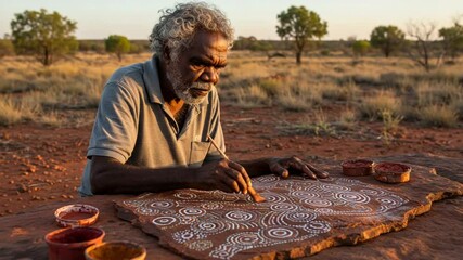 Indigenous artist painting traditional art in desert
