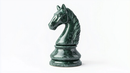 A realistic jade green knight chess piece with detailed horse features, centered on a white background.