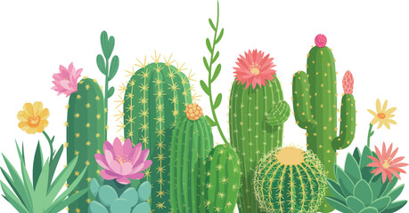 A colorful illustration of various cactus and blooming flowers isolated on white background.