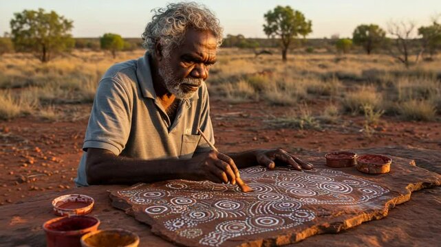 Indigenous artist painting traditional art in desert