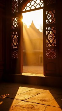 Golden Sunlight Illuminates Intricate Stone Jali in Ancient Indian Temple Architecture