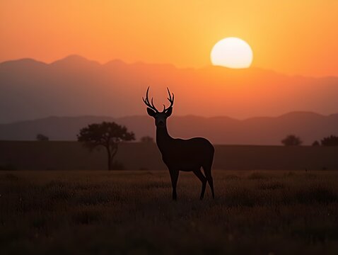 a deer stands in front of a sunset with mountains in the background