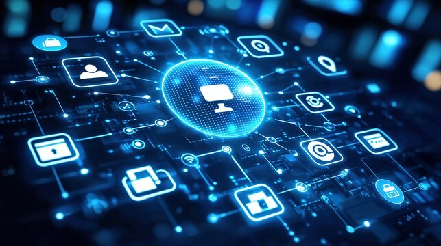 Tech-Inspired Blue-Tone Scene with Glowing Circuit Lines Connecting Icons, Central Computer Pattern Highlighting Digital Interconnectivity.
