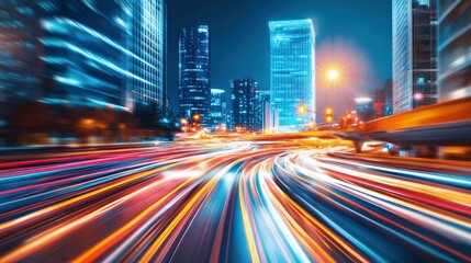 Fototapeta premium Dynamic City Night Scene with Blurred Light Trails and Skyscrapers