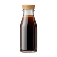 Glass bottle filled with dark liquid and capped with a natural cork, showcasing a minimalist design and elegant appearance Transparent background or png