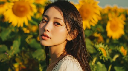 Naklejka premium ひまわり畑の背景と美女のポートレート