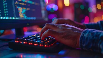 Night Coding Session: Programmer Typing on Illuminated Keyboard with glowing screen displaying lines of code in a dimly lit room - Powered by Adobe