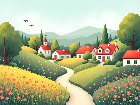 an illustration of a village with houses, trees and flowers