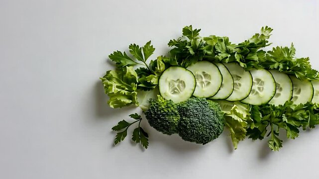 Fish shape made of fresh green vegetables flat lay food art creative cooking