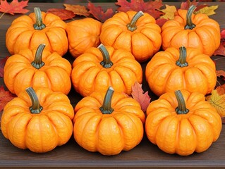Twelve small, vibrant orange pumpkins arranged in a grid on a dark brown wooden surface, surrounded by autumn leaves