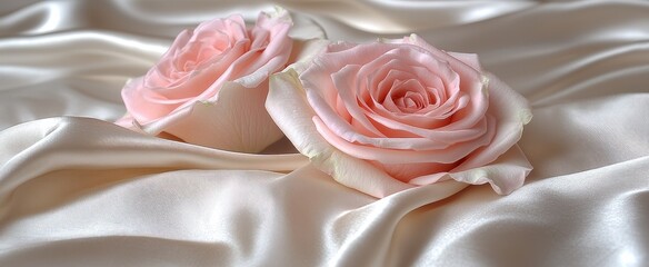 Two delicate pink roses on flowing cream satin