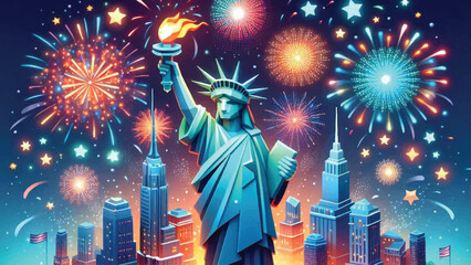 Statue of Liberty and Fireworks, A majestic, cartoon-style Statue of Liberty hold