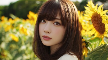 Naklejka premium ひまわり畑の背景と美女のポートレート