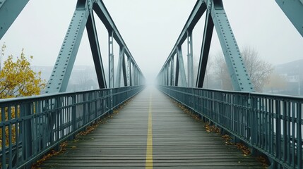 Fototapeta premium Foggy Bridge with Steel Structure and Wooden Walkway in Autumn