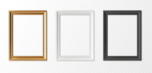 3d realistic vector icon illustration. Set of picture frames in rectangular shape in gold, white and black color. Isolated on transparent background.