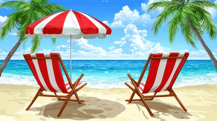 Two red and white striped beach chairs sit on a sandy beach under a matching umbrella, facing a calm ocean with palm trees in the background on a sunny day