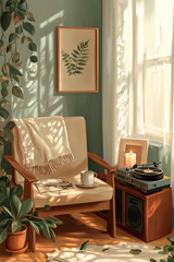 Bright Cozy Reading Nook with Cream Armchair, Vinyl Record Player, Sunlight, and Indoor Plants in a Serene Home Interior
