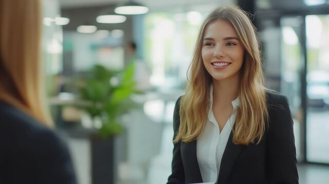 Professional woman in Office: A confident businesswoman smiles radiantly during an office conversation, representing professionalism, approachability, and interpersonal dynamics.