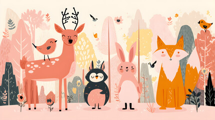 Cute Forest Animals Cartoon Flat Illustration