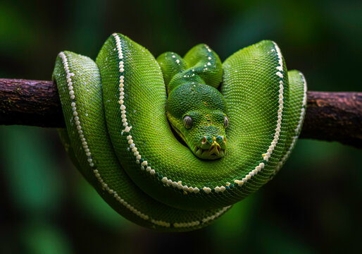 green tree python coiled around a branch