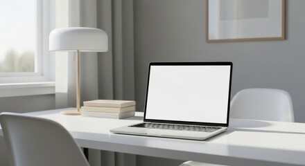 Modern laptop mockup on white desk in minimalist office setting