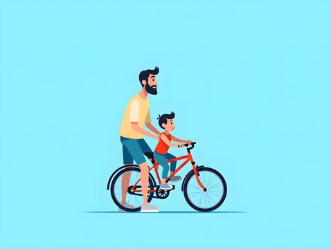 Father teaching son to ride bicycle on blue background illustration family bonding activity