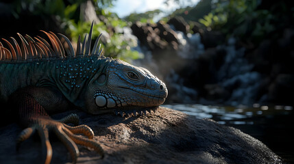 Iguana Resting Near Stream In Tropical Forest