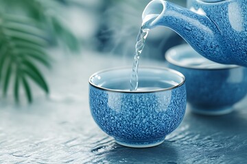 Clear water pouring from a blue teapot into a small teacup