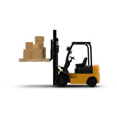 Forklift Lifting Mixed Size Cardboard Boxes on Wooden Pallet Isolated on Transparent Background