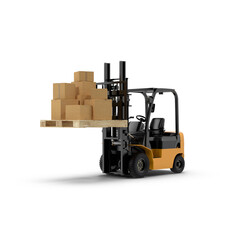 Forklift Lifting Mixed Size Cardboard Boxes on Wooden Pallet Isolated on Transparent Background