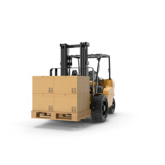 Forklift Carrying Cardboard Boxes on Wooden Pallet Isolated on Transparent Background