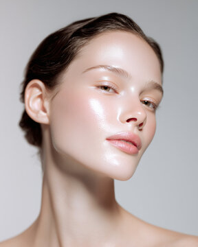 Beautiful young woman with clean perfect skin. Portrait of beauty skincare model with natural make up