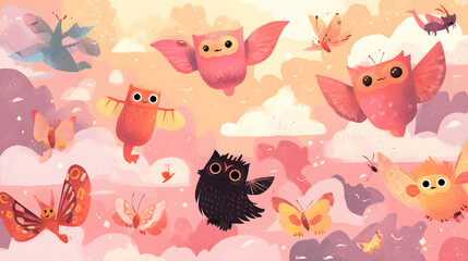 Cute magical flying animals cartoon flat Illustration