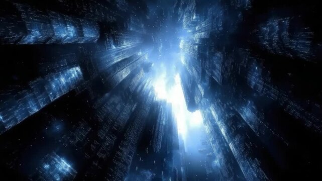 Futuristic Light Stream in Digital Cityscape with Vibrant Blue and White Colors Radiating Depth and Energy