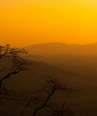 Fototapeta premium ky sunset evening sunrise cloud weather dramatic landscape goldent and indigo color gradient pastel horizon, twilight yellow golden reflection morning nature environment energy ecosystem change.