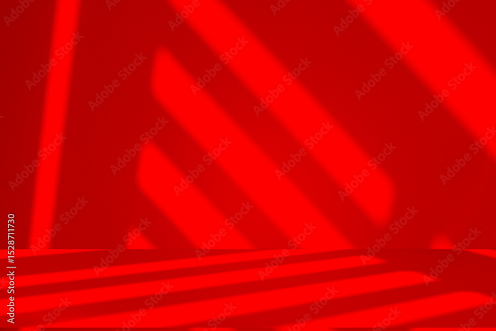 Poster wall interior background, studio and backdrops show products.with shadow from window color red backg
