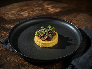 Luxurious Vegan Truffle-Infused Polenta Cake with Wild Mushrooms – Rich Fine Dining Plate